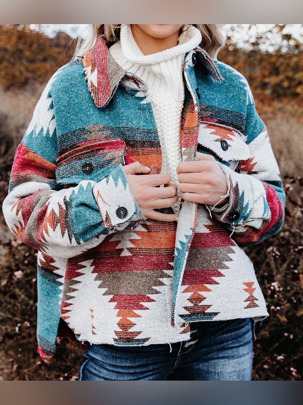 Vintage Style Aztec Long Sleeve Multicolor Oversized Button Up Shacket - Small